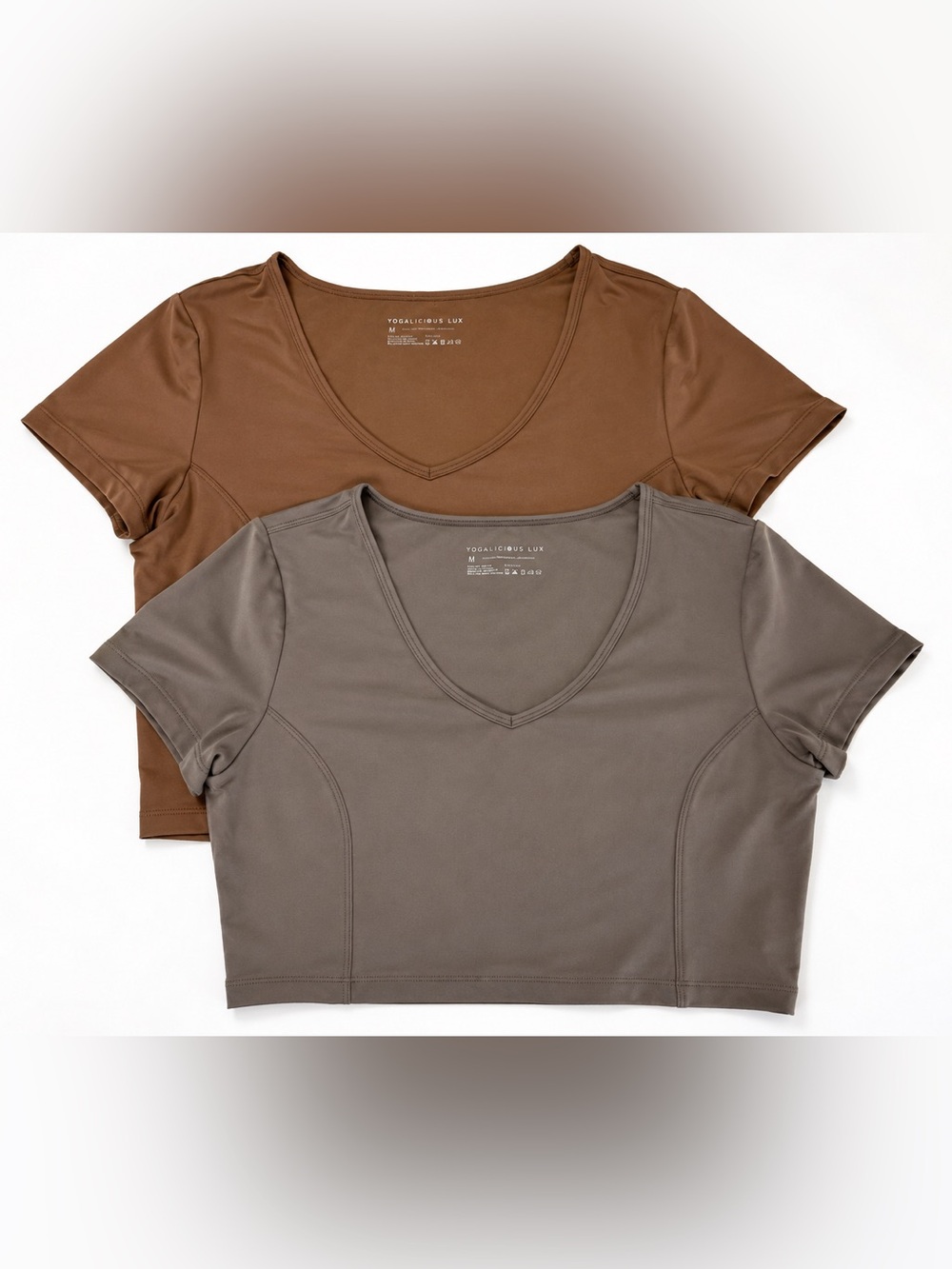 Yogalicious Lux 2 Pack Crop Tops Size M Brown Gray V Neck Activewear